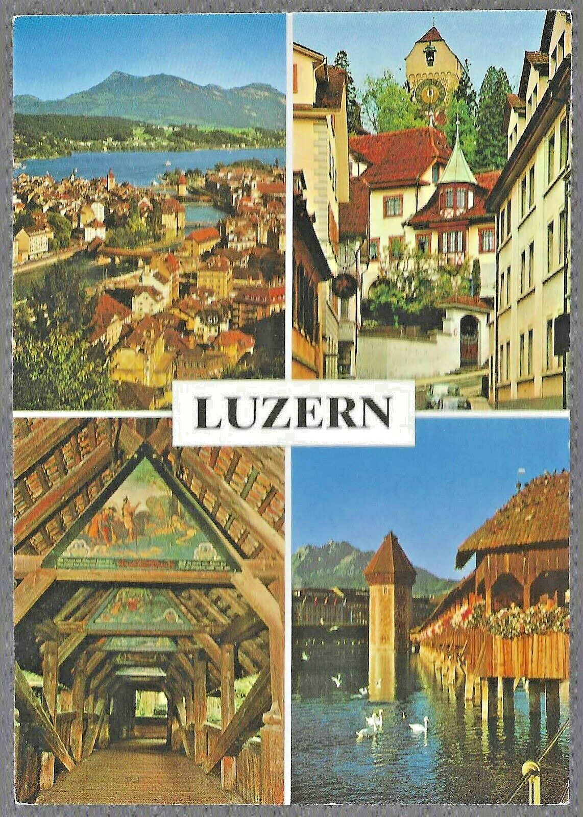 VTG Postcard Luzern Switzerland Buildings Houses Swans Covered Bridge