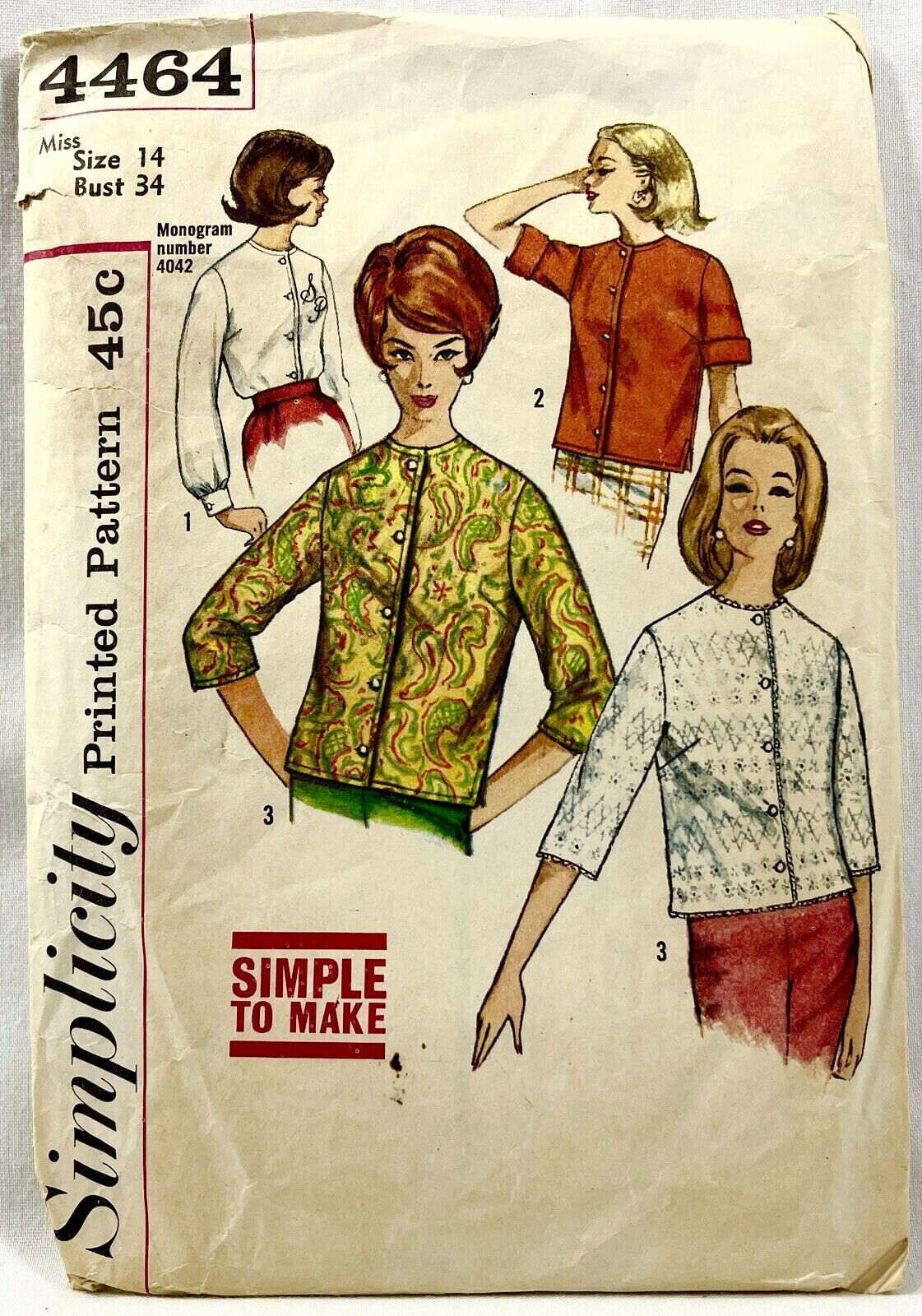 1960s Simplicity Sewing Pattern 4464 Womens Blouse 3 Sleeves Size 14 Vintg 11517