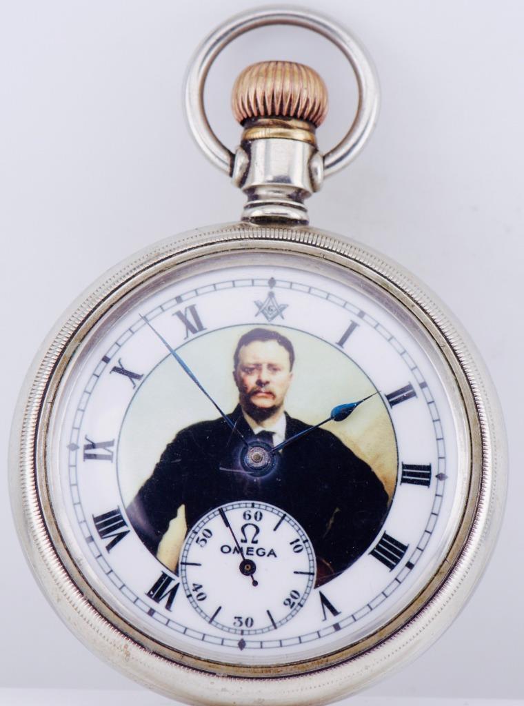 Antique Omega Masonic Pocket Watch-American President T.Roosevelt on Dial RARE