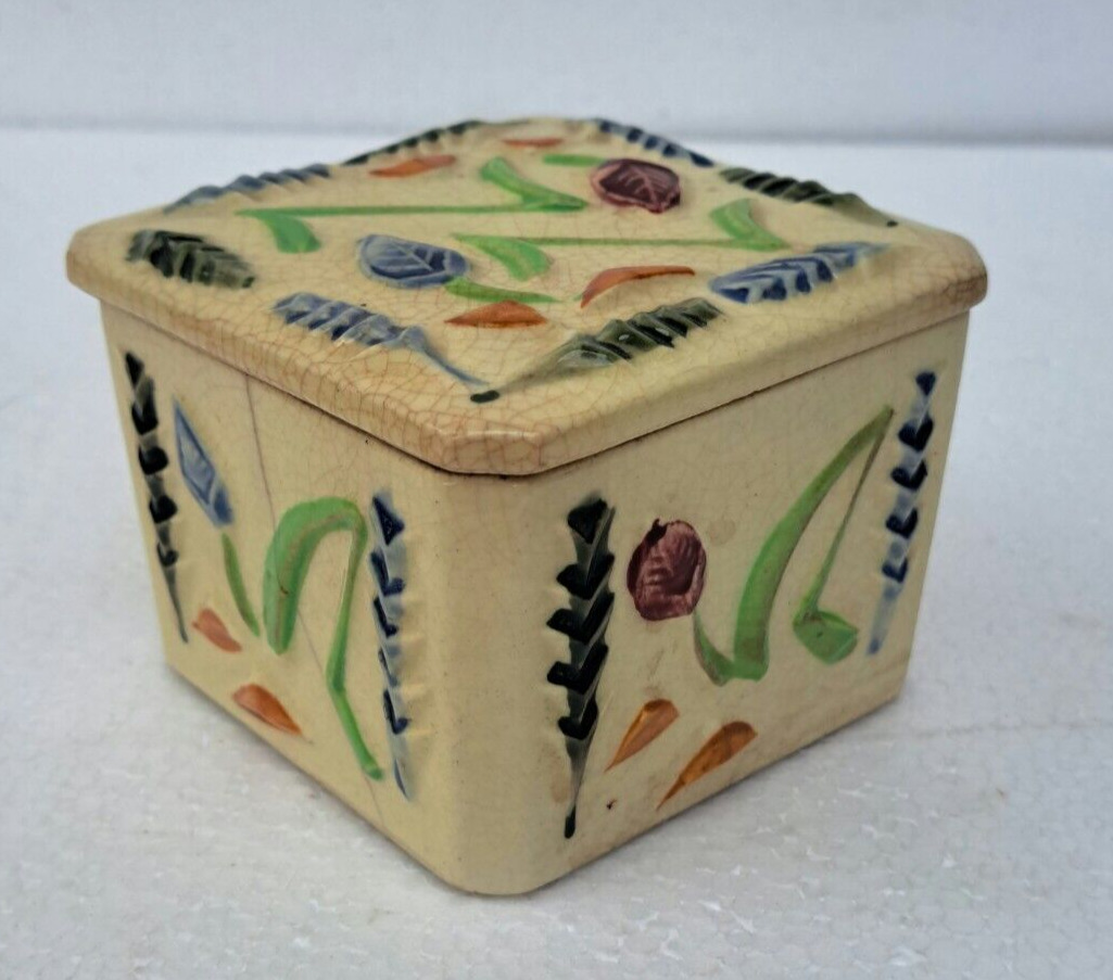 Rare Antique Unique Floral Embossed Square Shape Ceramic Butter Box
