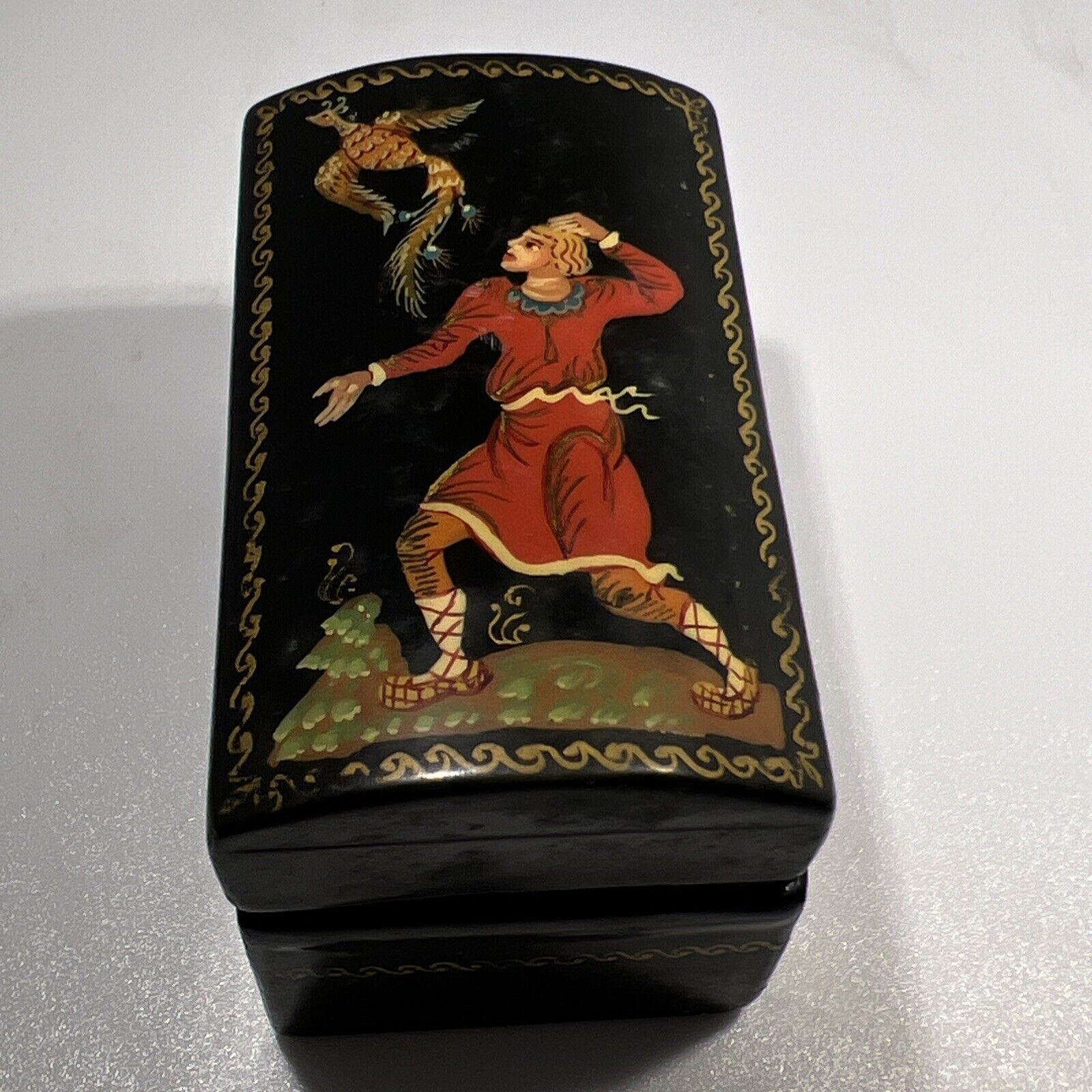 Vintage  Russian Lacquer Box Signed Hand Painted Man & Bird 2 1/4”X1 1/4”