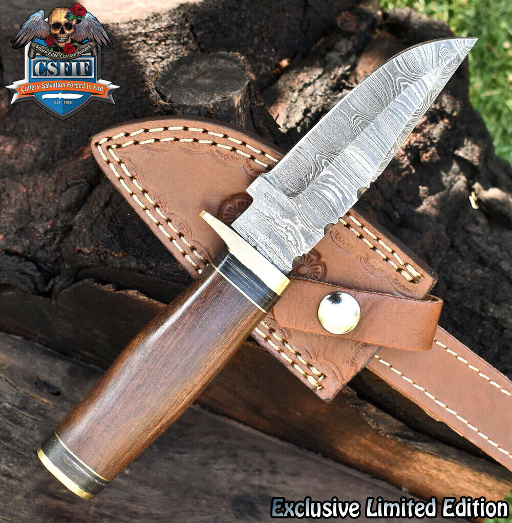 CSFIF Hand Forged Skinner Knife Twist Damascus Walnut Wood Brass Guard Hunter