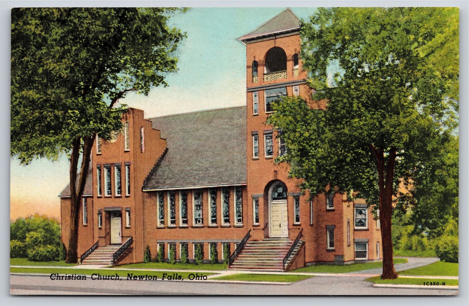 Newton Falls Ohio~Christian Church Street View~American Art~Vintage Linen PC