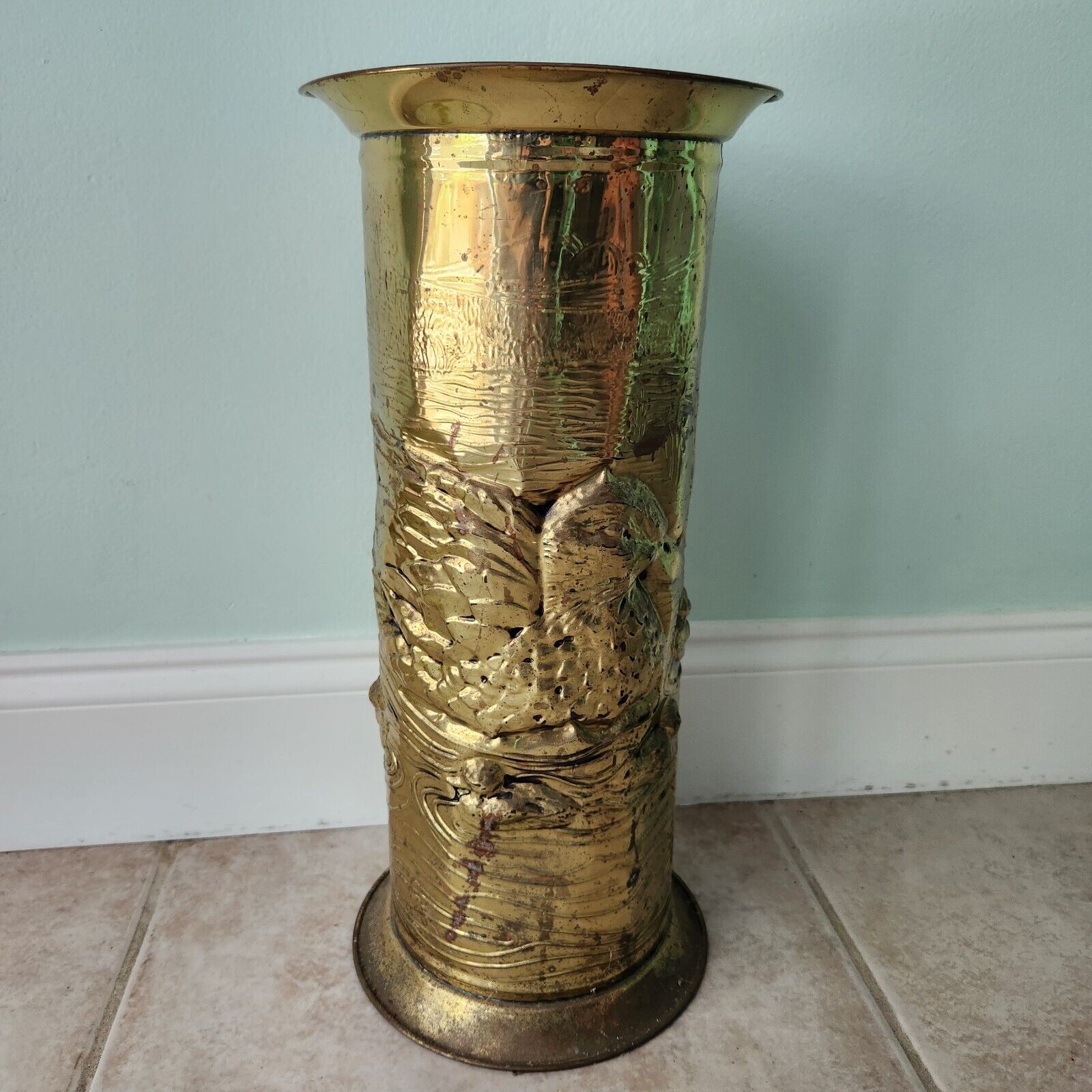Vintage Lombar Duck Scene Embossed Brass Umbrella Stand Made In England