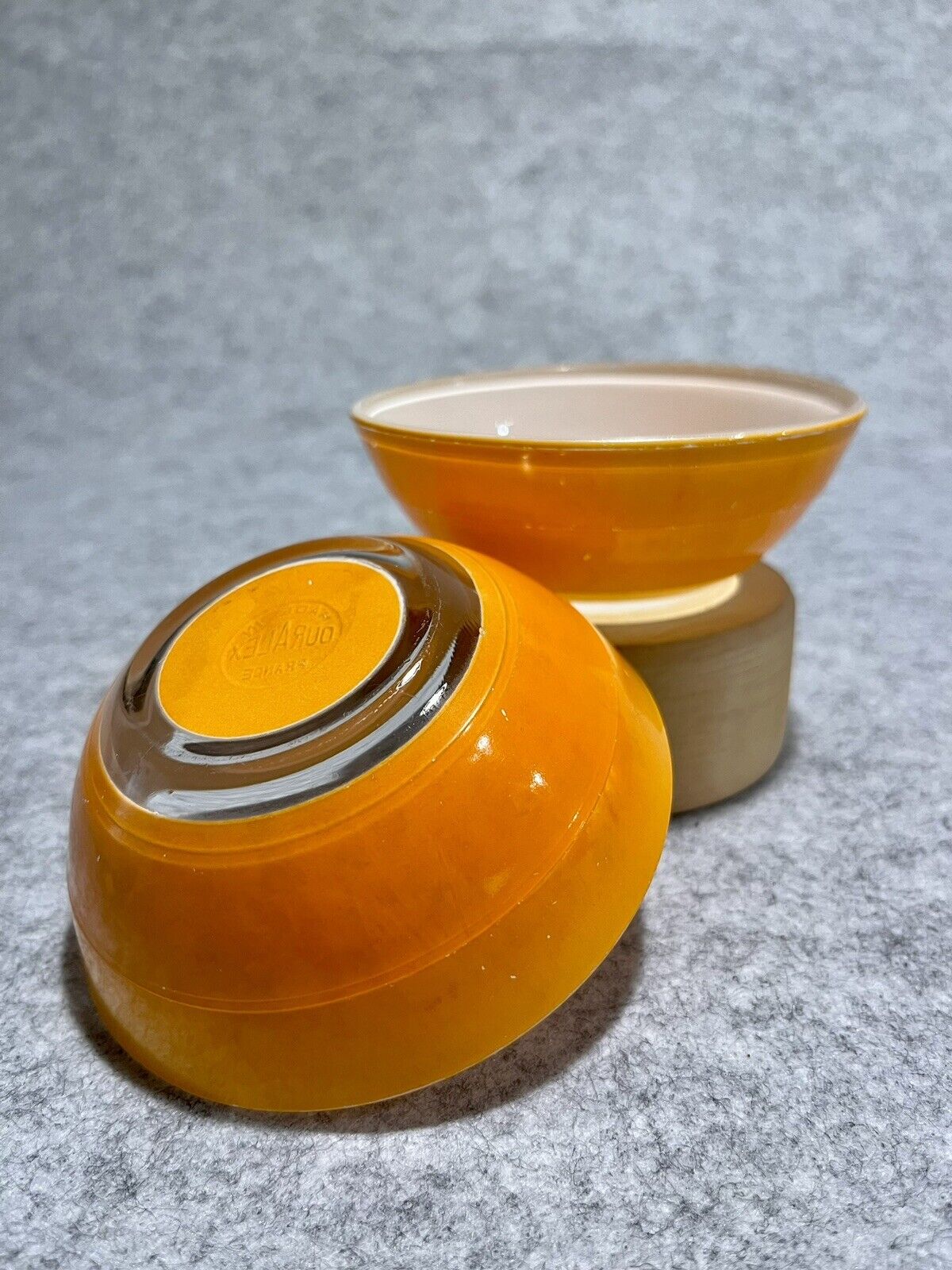Vintage Duralex ‘Lys’ bowls, orange-and-white, ⌀11cm — set of two