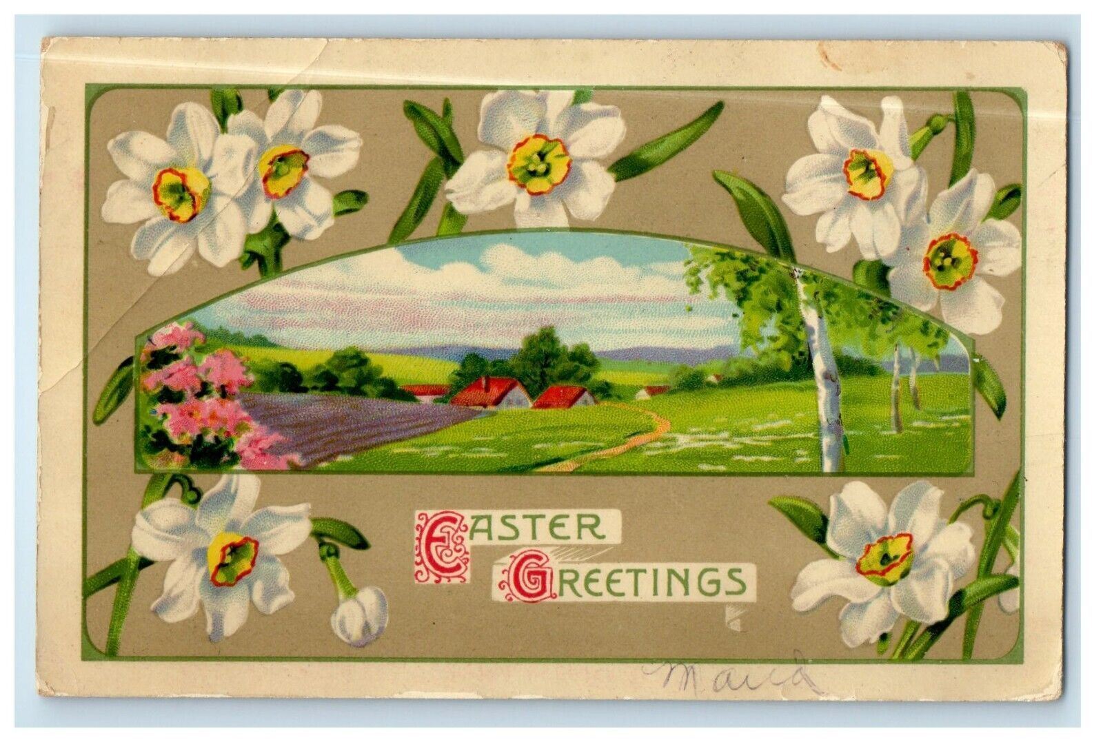 c1910's Easter Greetings Houses And White Flowers Posted Antique Postcard
