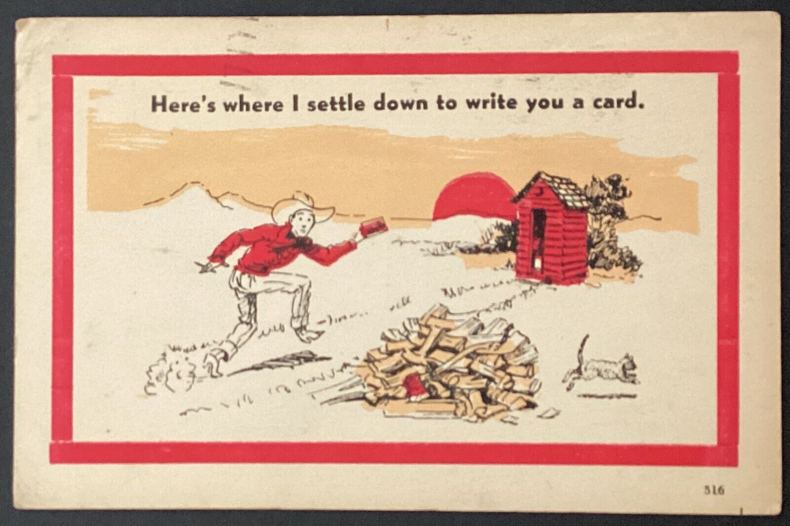 Outhouse Cowboy Here\'s Where I Write You Vintage Comic Postcard Posted 1945