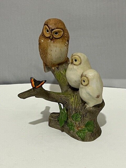 VTG Owl w/babies & butterfly figurine-Country Church in March Peter Barrett 1984