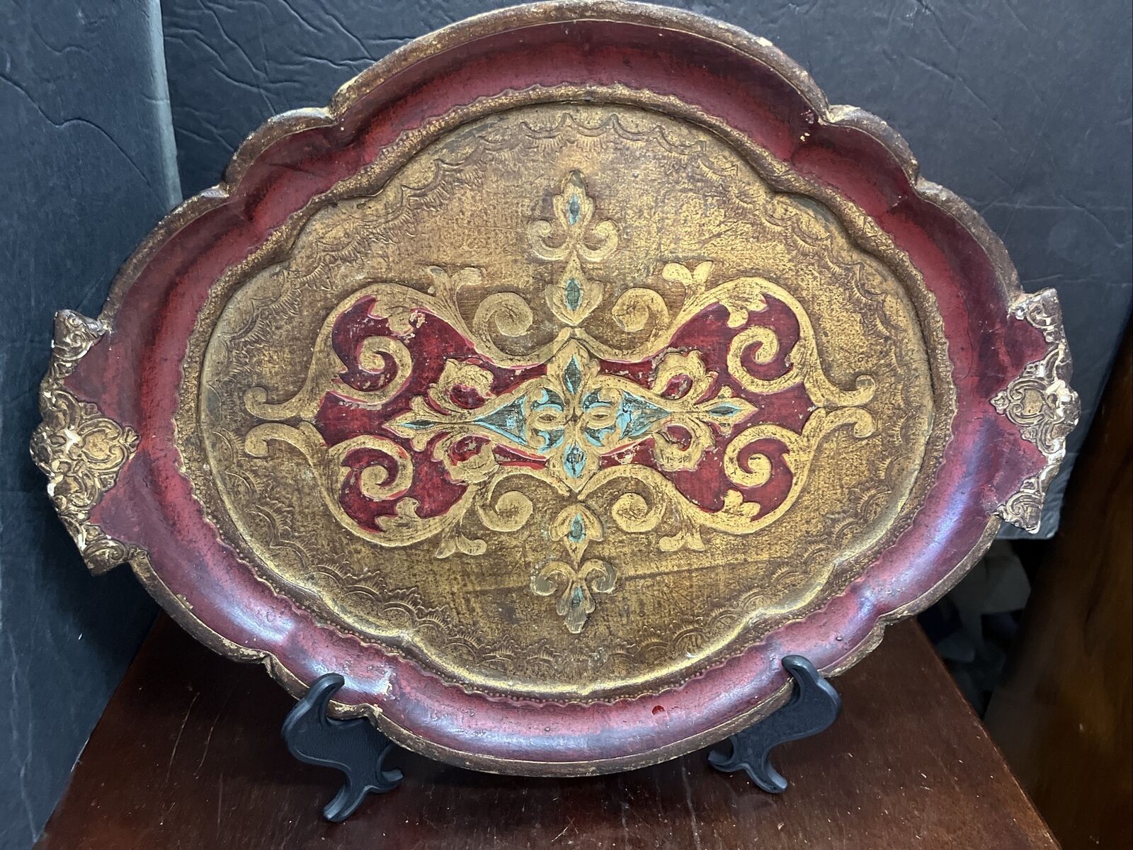 Vintage Italian Florentine Gilded Wood Toleware Serving Tray Platter  Italy 