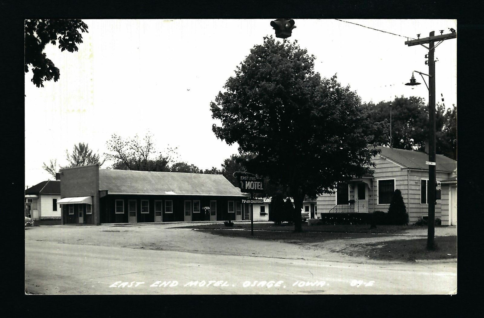 Osage Iowa IA c1950s RPPC Old East End Motel, Office, Room Buildings, Neon Sign
