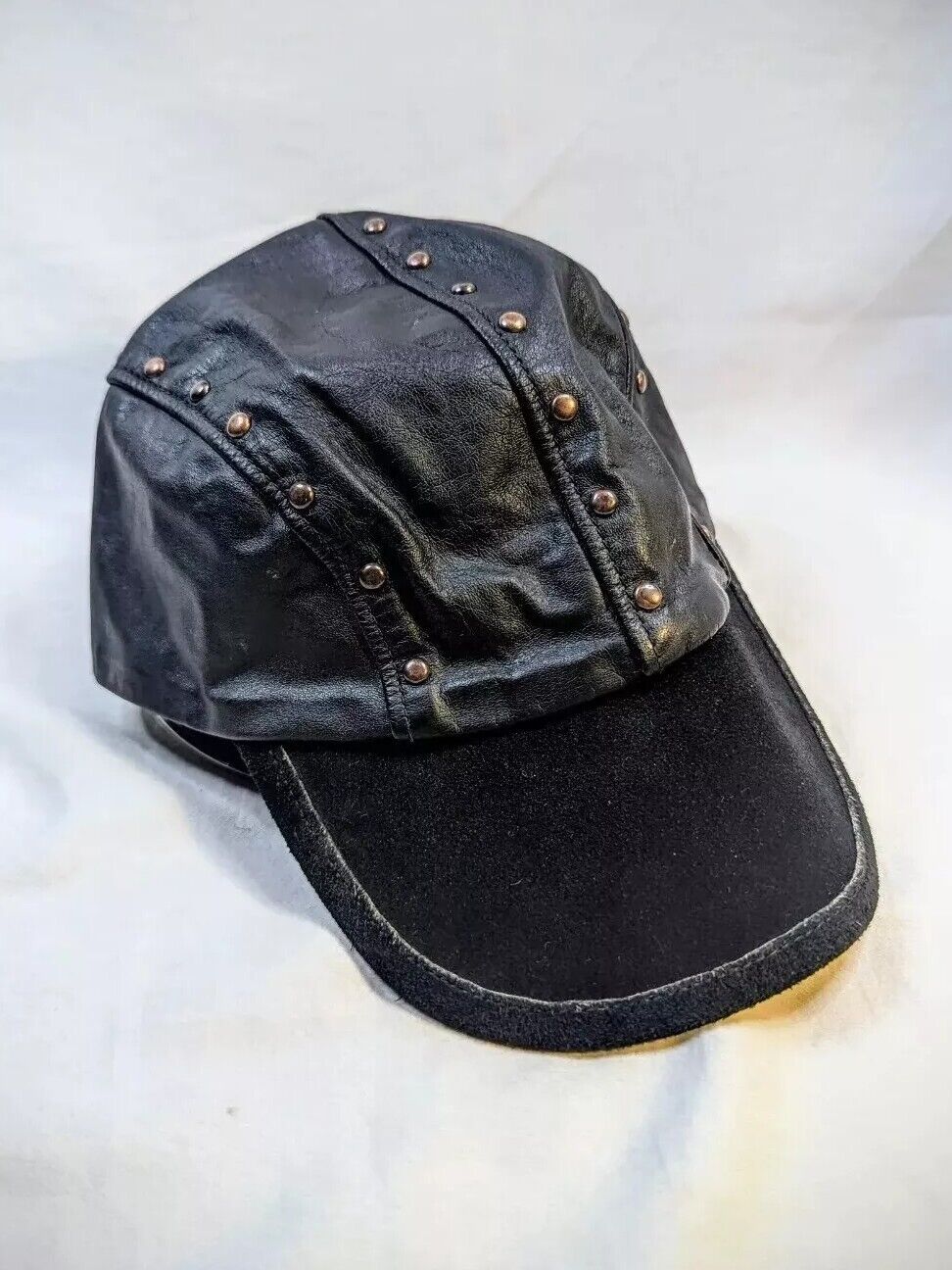 Vintage Harley Davidson Biker Cap Motorcycle Leather & Suede Studded Hat Logo