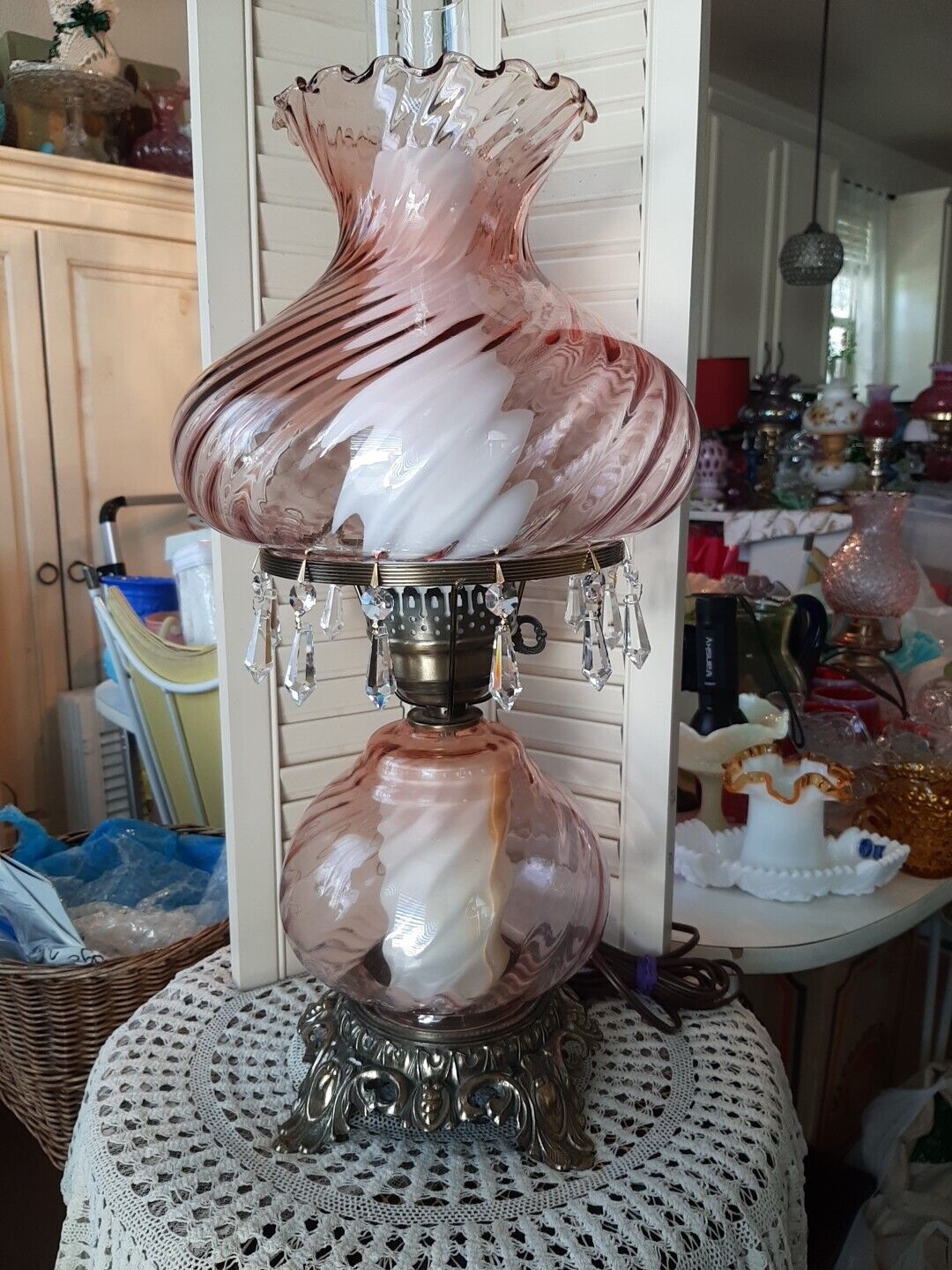 Vintage Fenton Amethyst Wisteria Swirl Glass Lamp STUNNING SPARKLING BEAUTY