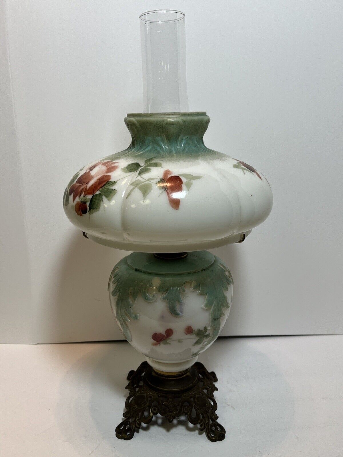 Rare P&A Risdon Painted Flowers Hurricane Oil Lamp
