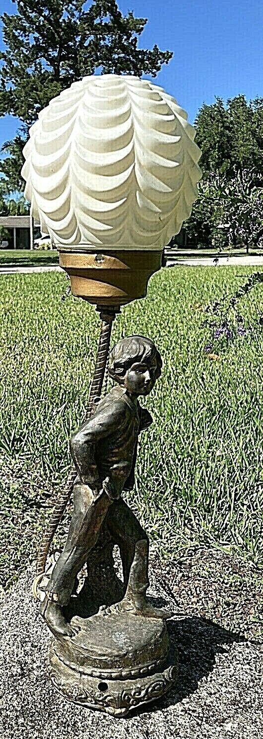 VTG./Antique 1900\'s French Bronze Figural Boy Child Table draped torchiere Lamp 
