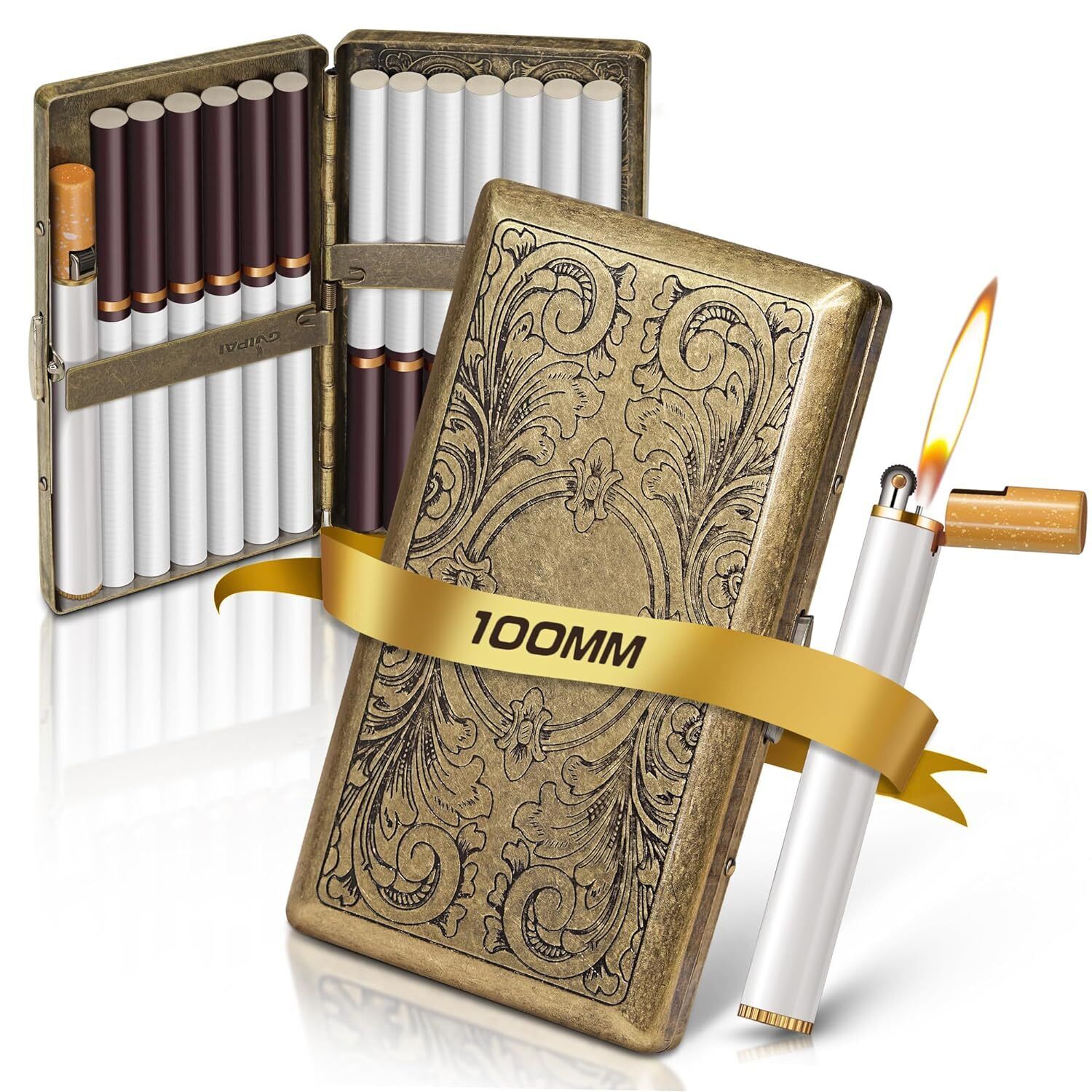 Vintage Cigarette Case Lighter for 100's Retro Metal  Holder Smoking BOXES GiftS