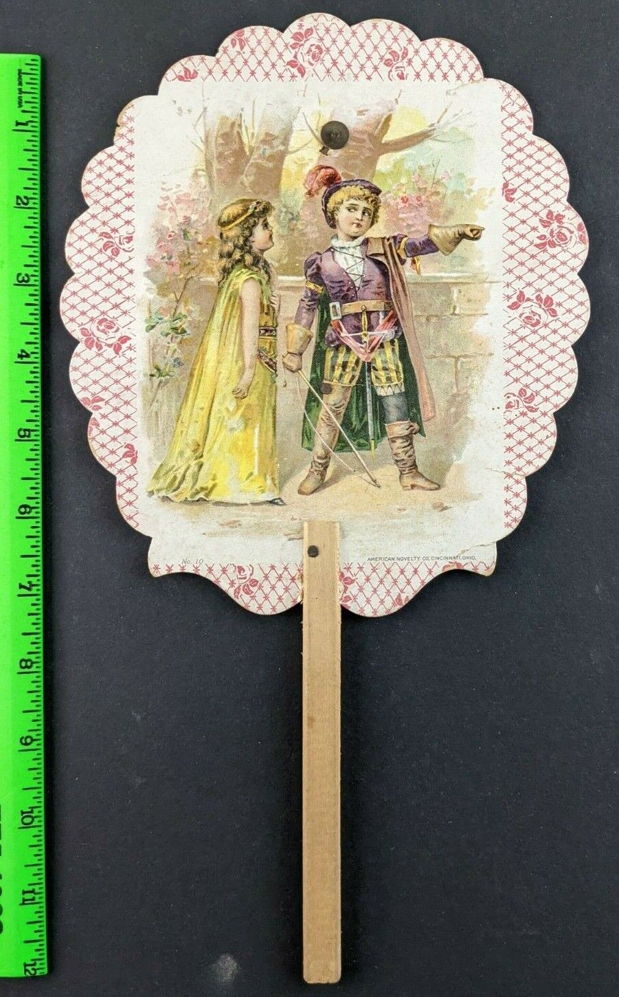 Vintage 1880s Scull\'s Coffee Boy Sword Bow Girl Die Cut Fan Victorian Trade Card