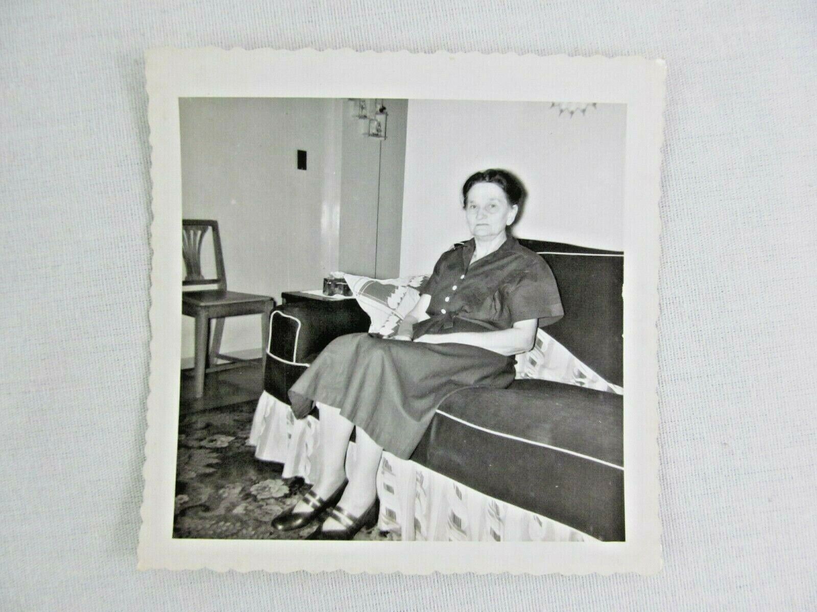 Vintage Black & White Snapshot Woman Dress Sitting Sofa B&W Photograph