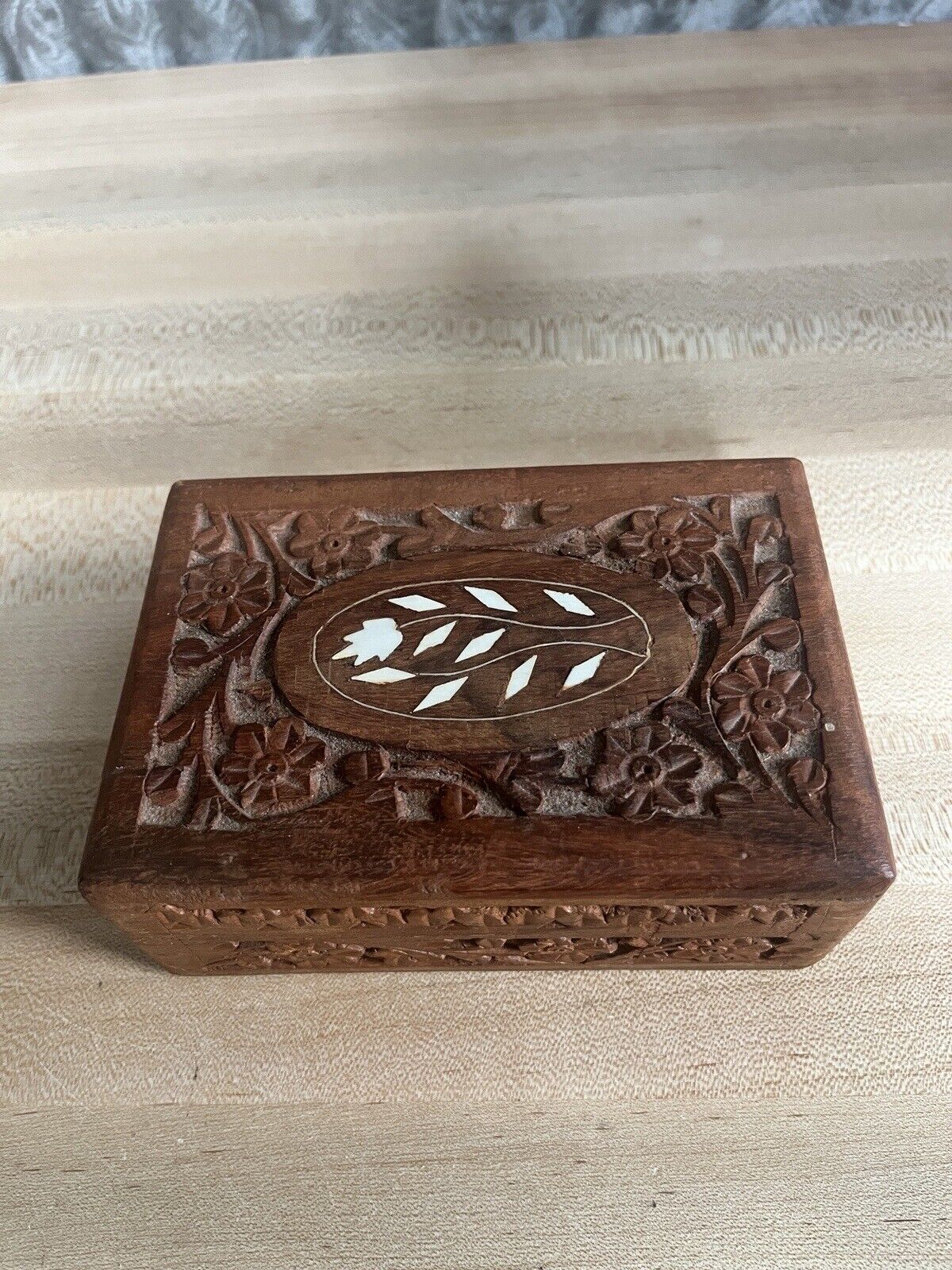 Vintage Jewelry Trinket Box Hand Carved Wooden Black Made in India 6” x 4” x 2”