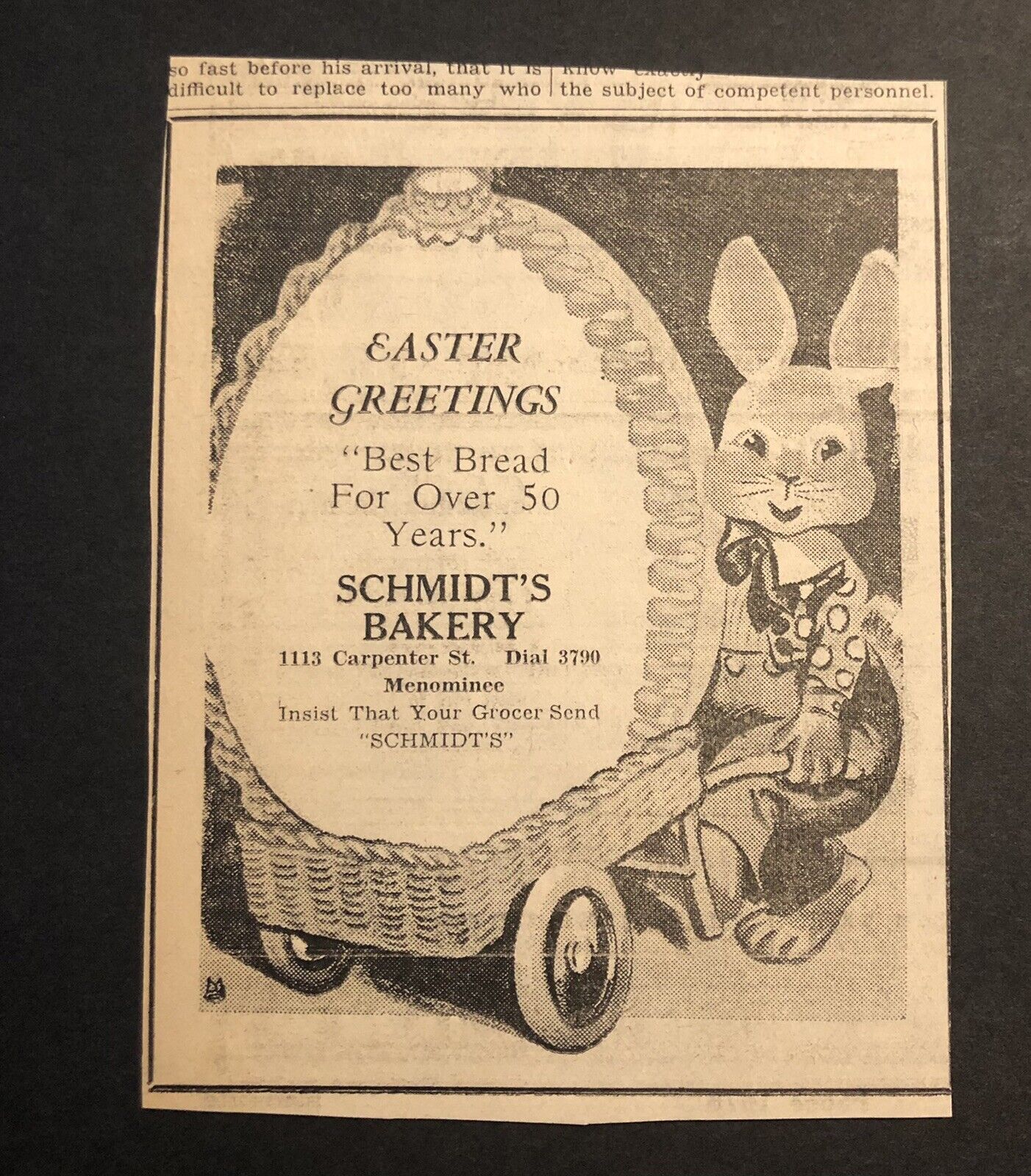 1950’s Schmidt’s Bakery Easter Bunny Theme Michigan Newspaper Ad