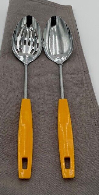 2 Vintage Ecko Yellow Handled Chromium Plated Spoons Slotted Serving