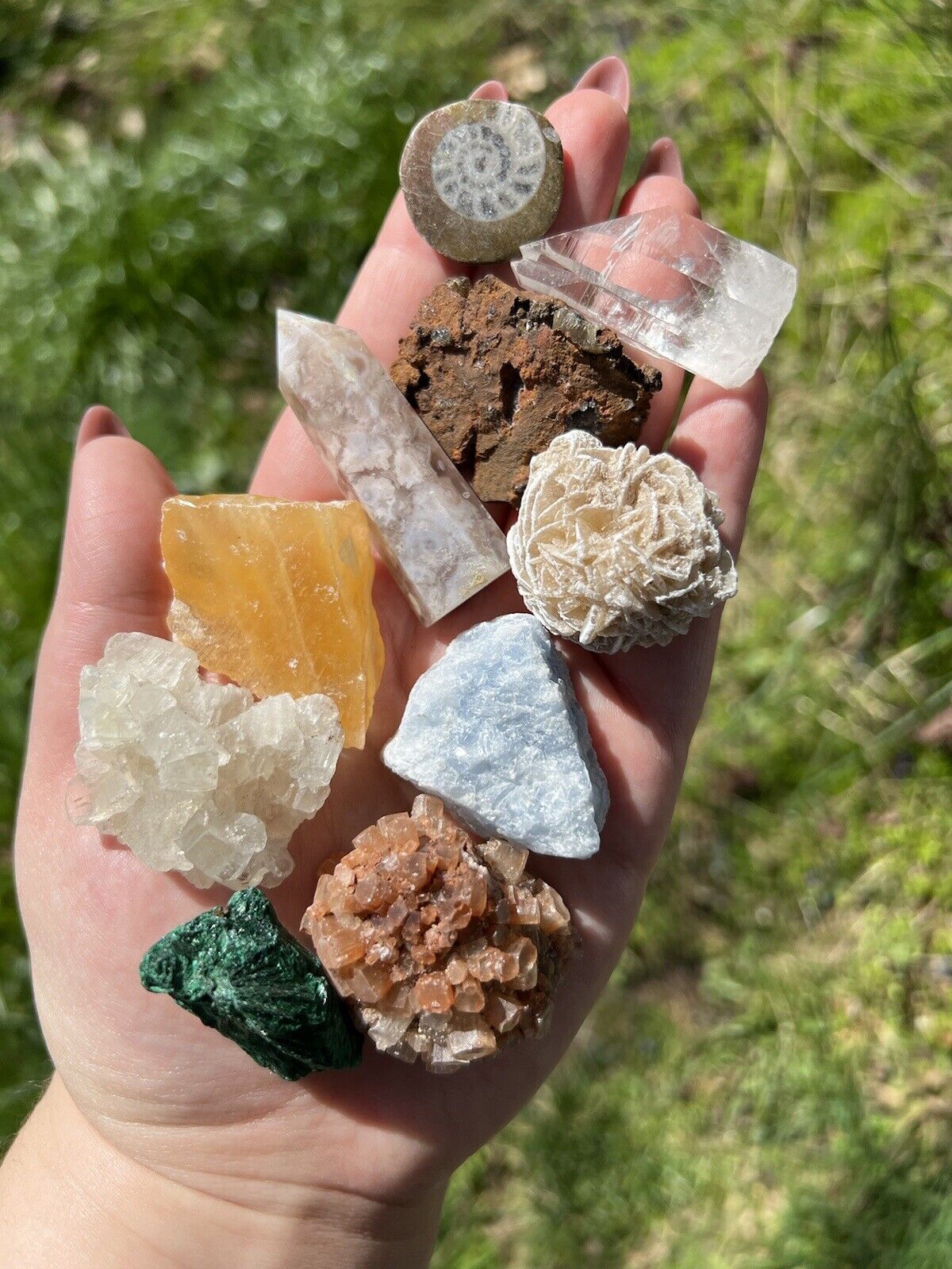 Small Mineral Specimens Lot- Apophyllite, Adamite, Malachite, Desert Rose & More