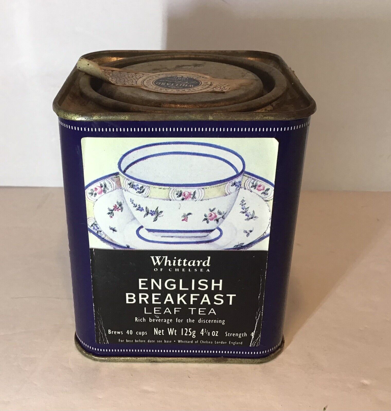 Vintage 90’s Whittard English Breakfast Leaf Tea Tin Blue White 