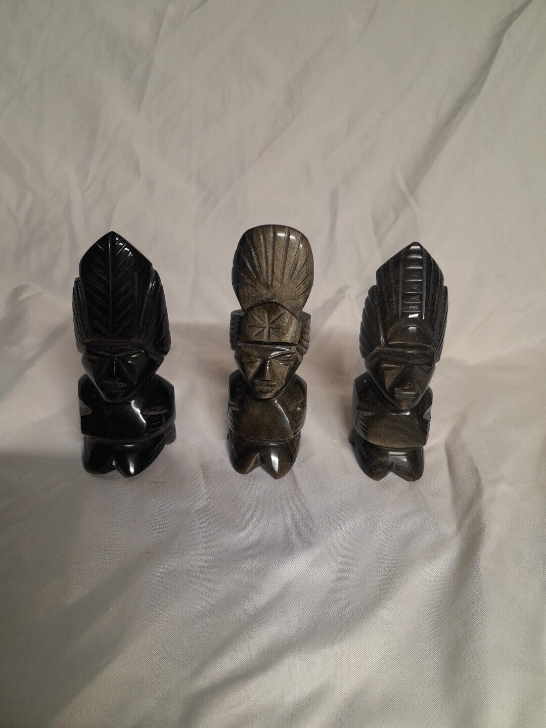 Gold Sheen Black Obsidian Stone Hand Carved Mayan Aztec Incan Figures Lot Of 3