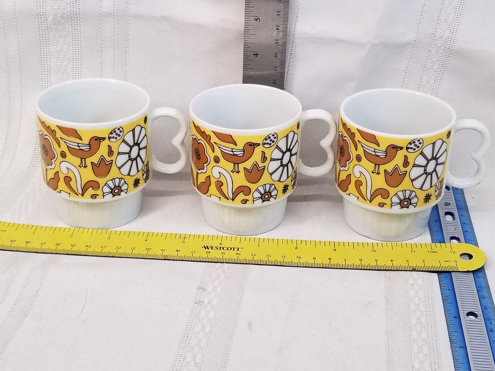 3 Stylecraft MCM Flower Birds Japan Stacking Coffee Mugs Cups Yellow Brown