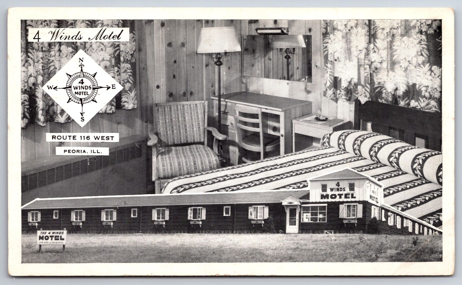 Peoria Illinois~4 Winds Motel~Room View~Inset Outside View~Rte 116 W~c1960 PC