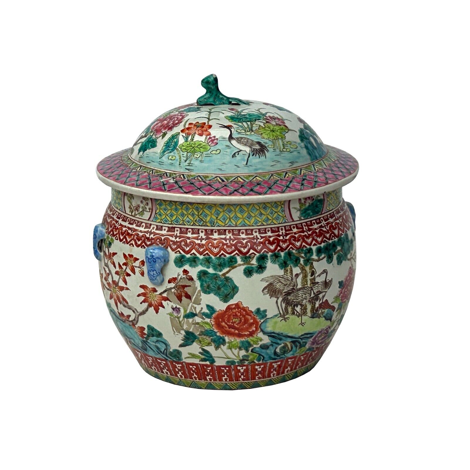 Vintage Chinese Turquoise Ceramic Enamel Flower Birds Theme Fat Jar ws3527