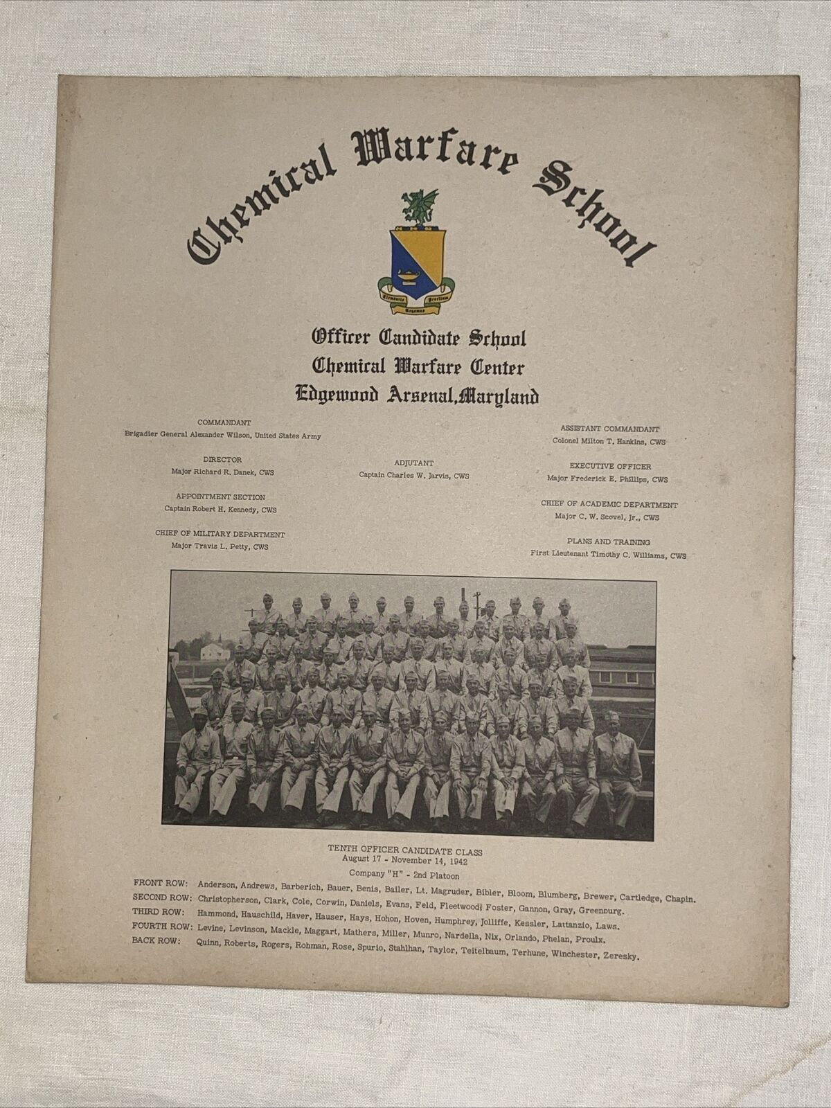 WW2 US Chemical Warfare School Document 1942 Officer Candidate School Company H