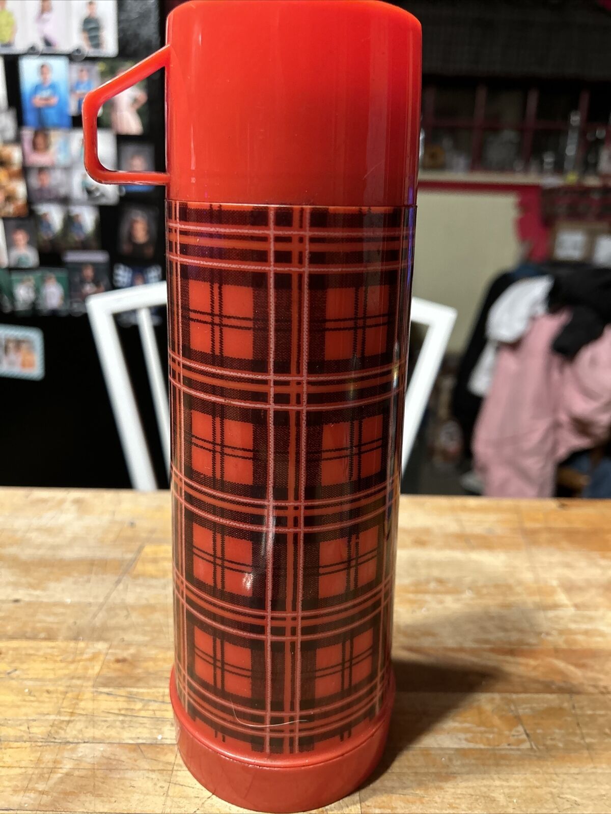 Vintage Aladdin 12”  one pint Red Plaid Thermos With Stopper And Cup, circa 1971