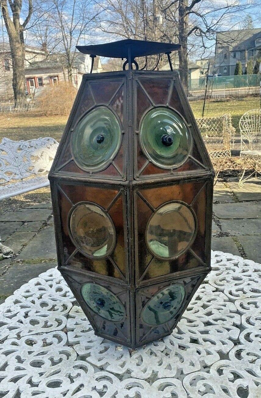 VINTAGE ANTIQUE LEADED & STAINED GLASS HANGING CEILING LAMP PORCH LIGHT FIXTURE
