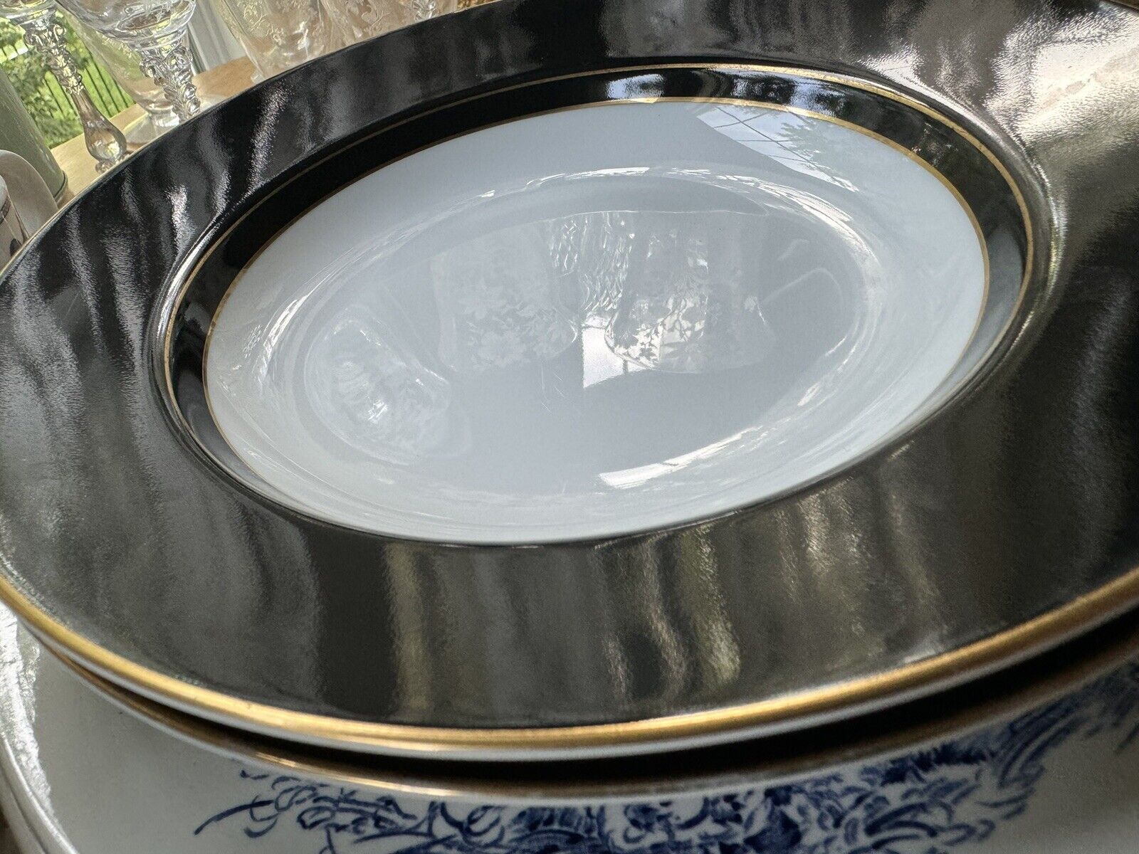 Set of 2 Fitz & Floyd Chinoiserie Black Rimmed W/Gold Soup Bowls Elegant Classic