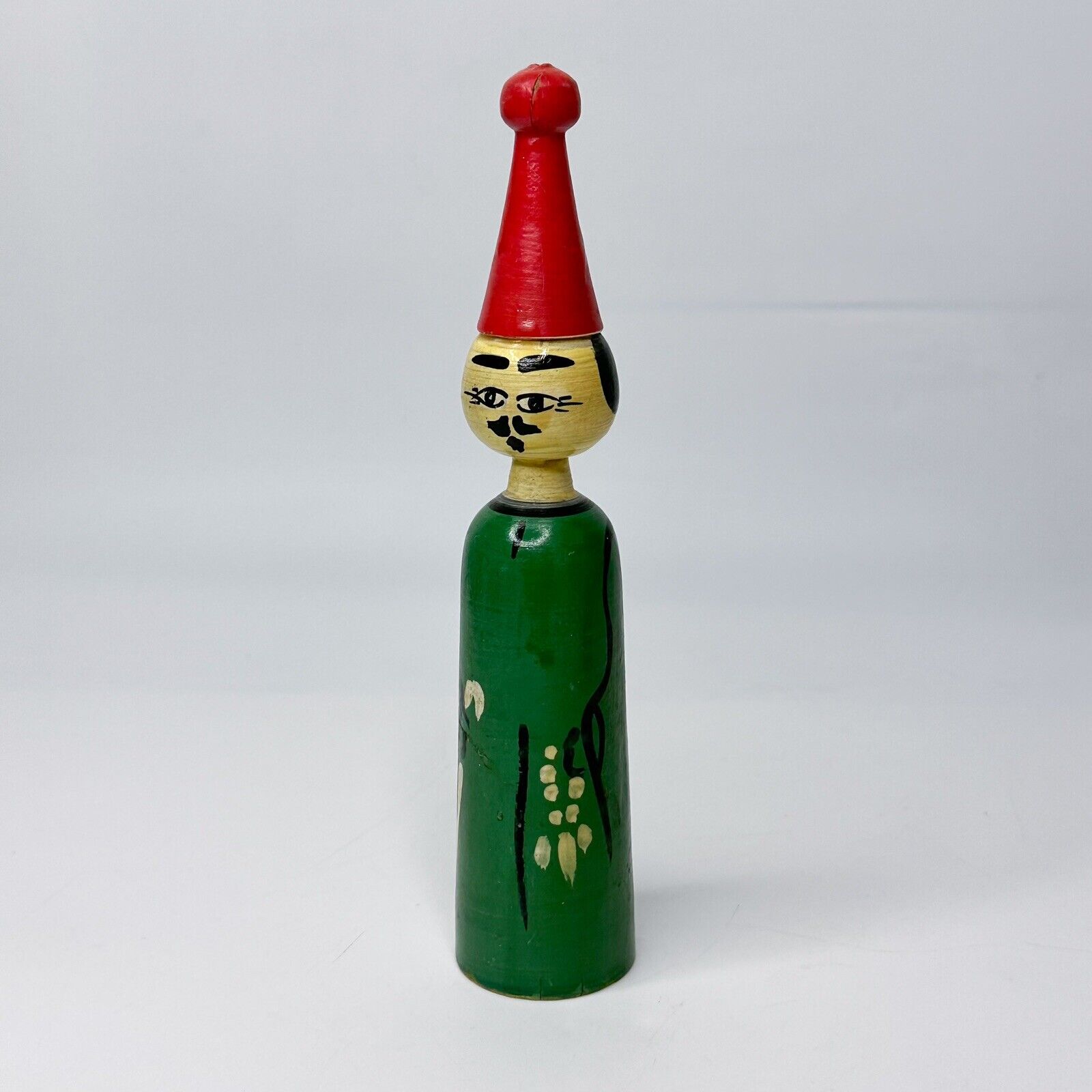 Vintage Hand Painted Egyptian Folk Art Wood Spindle Doll Hand Made Man Red Hat