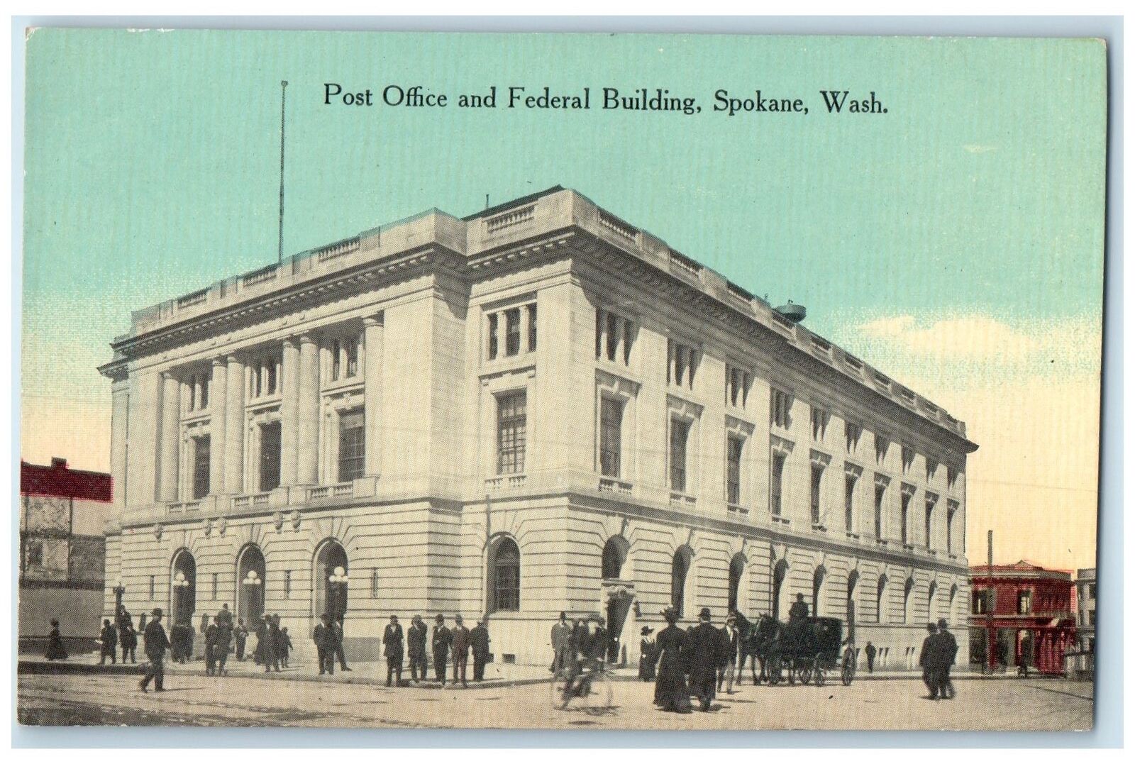 c1910 Post Office & Federal Building People Carriage Spokane Washington Postcard