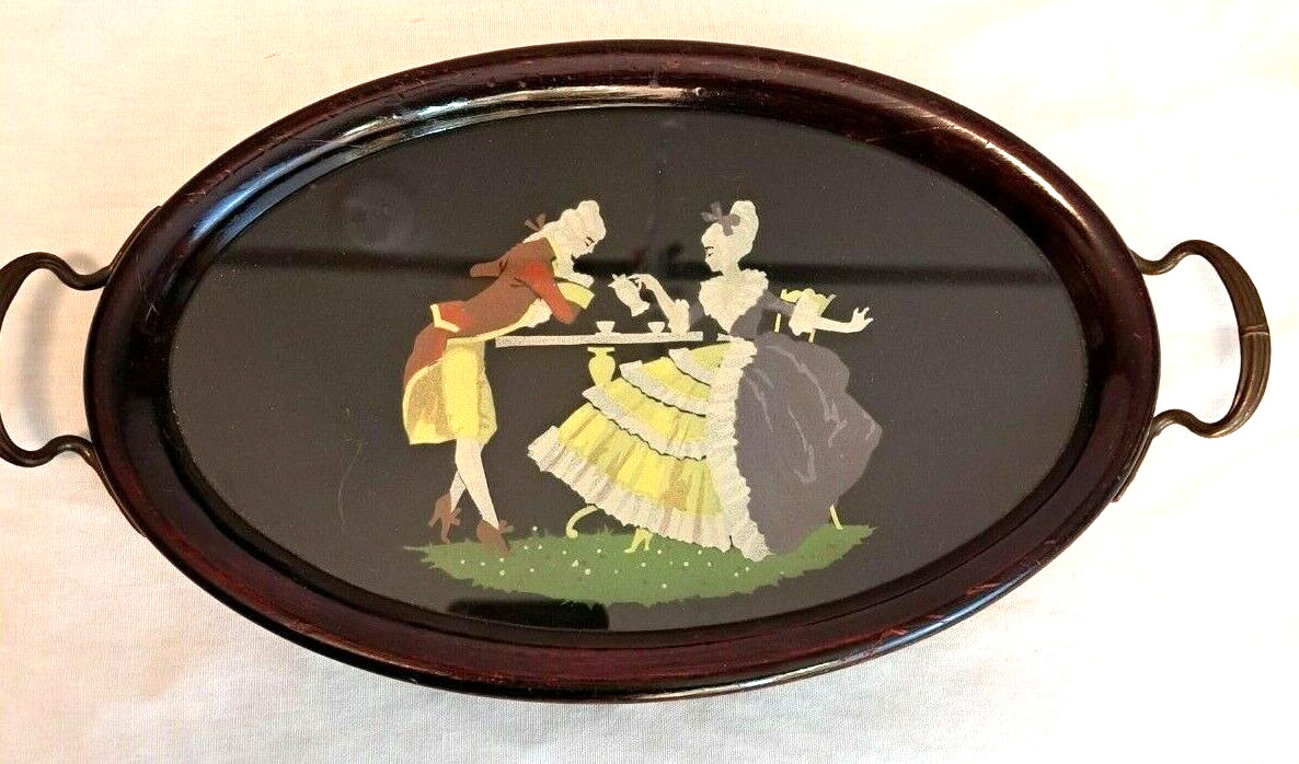 Antique Courting Couple  Picture Oval Tray Wood Frame Handled 1920\'s Colonial