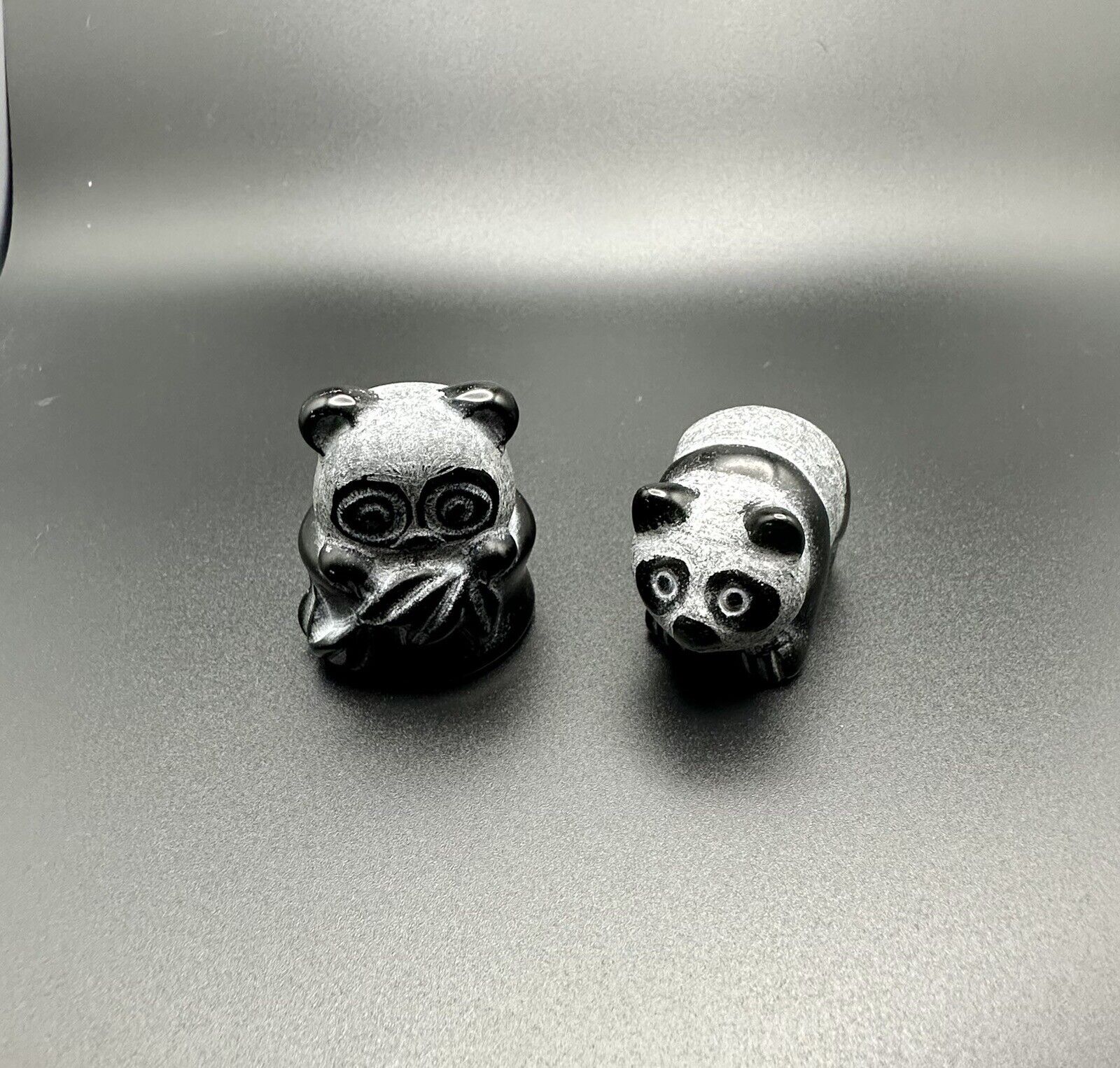 Two Obsidian Panda Figurines Carving Black Crystal - 