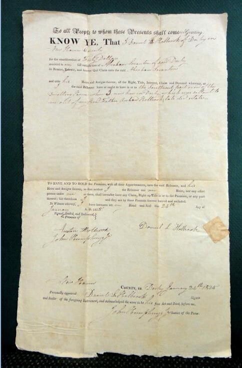1825 antique CONNECTICUT deed HOLLBROOK LEVANTON DERBY NEW HAVEN county #2