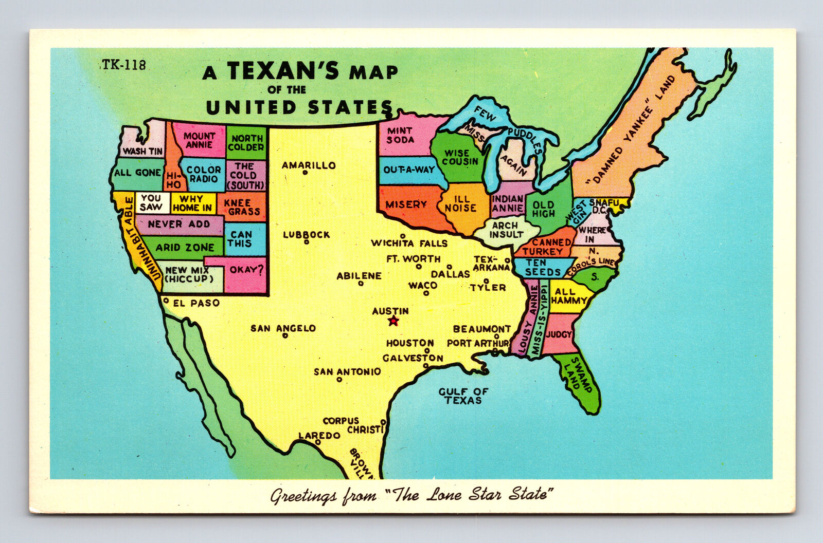 c1957 A Texan\'s Map of the United States USA Giant Texas TX Postcard