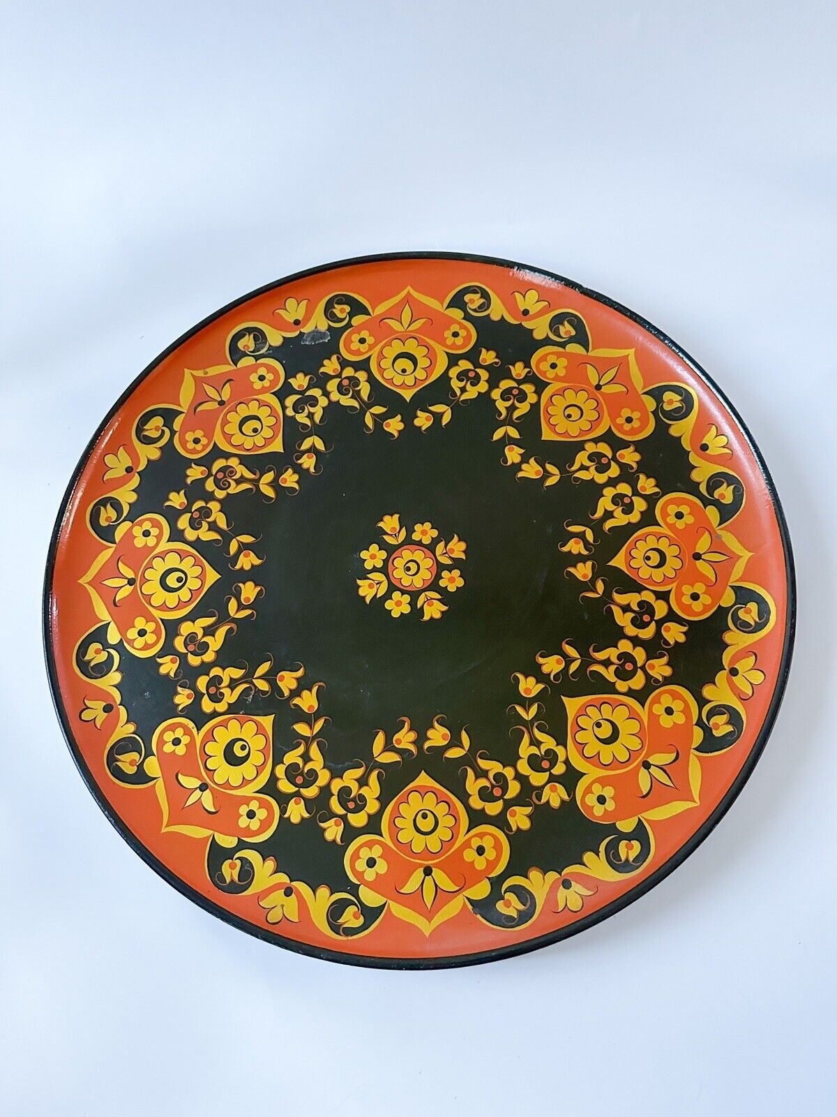 VTG Russian Folk Art Black Lacquer Hand Painted Flowers Wood, Plate USSR 16.5”