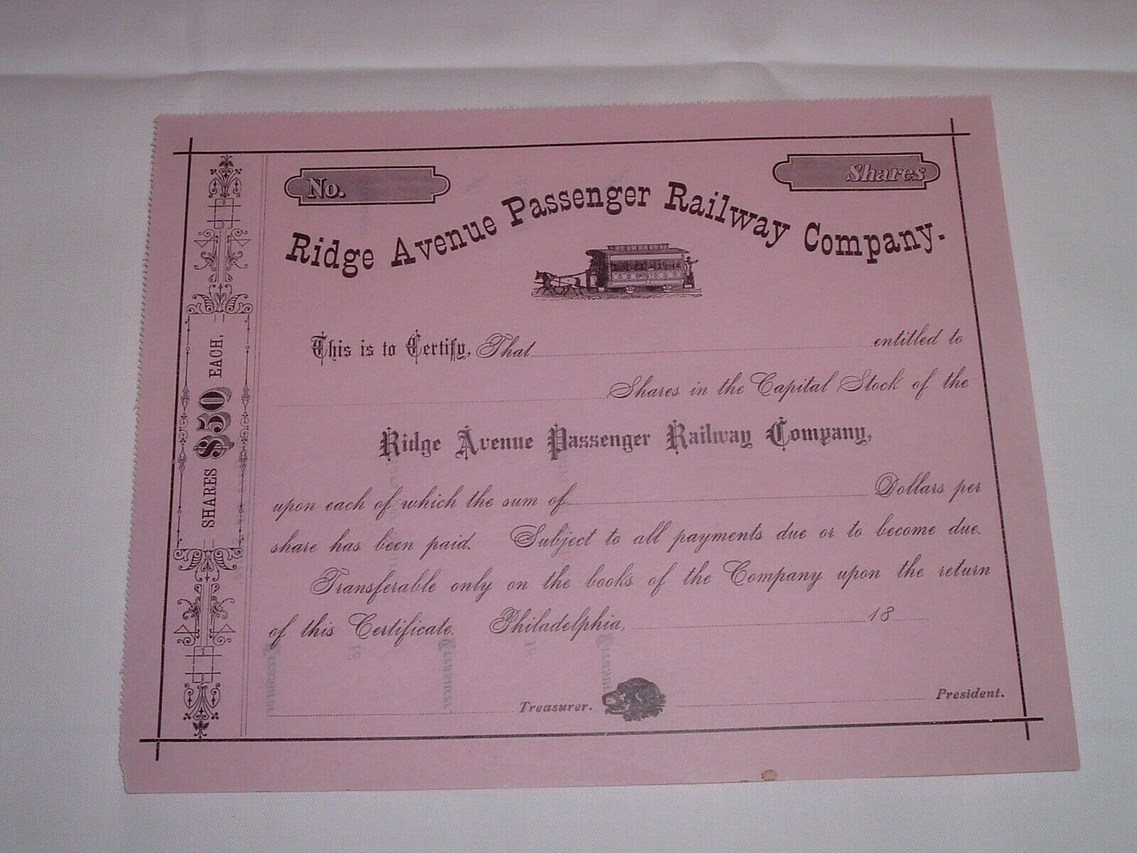 1880s-1890s Ridge Avenue Passenger Railway (Philadelphia, PA) Unissued