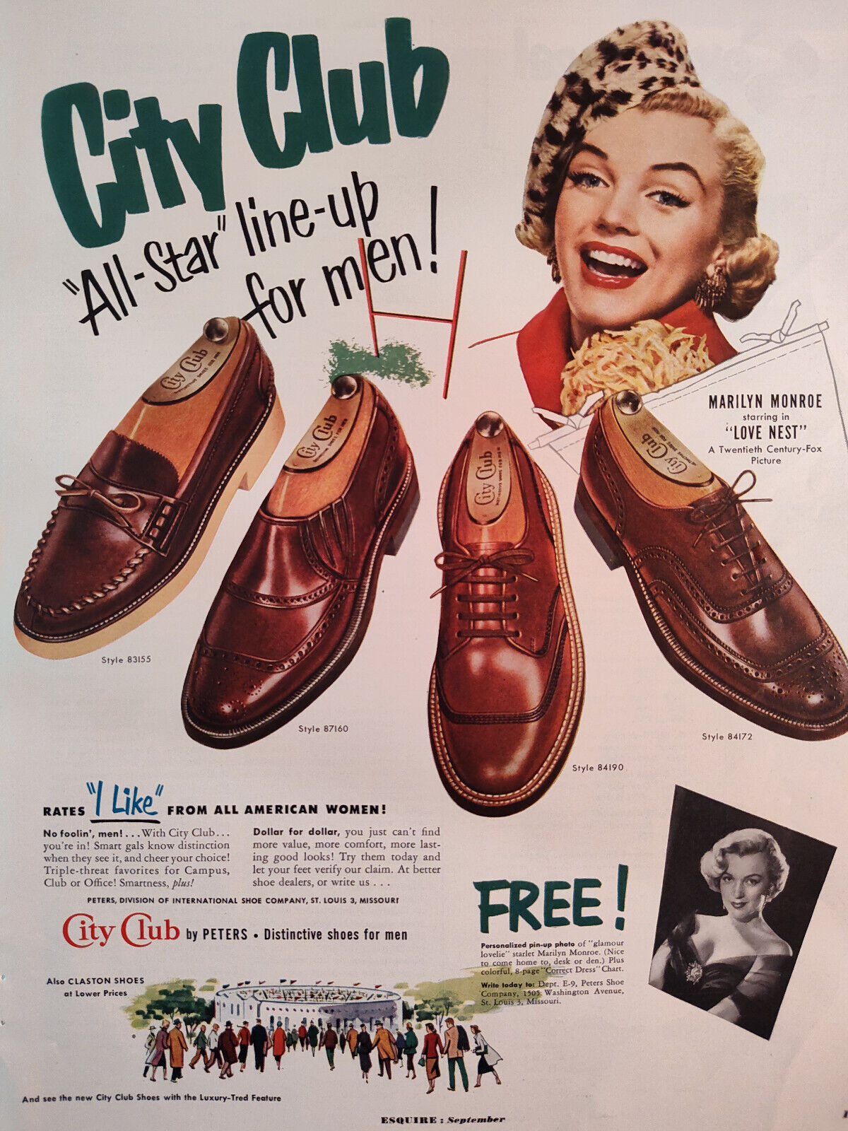 1951 Esquire Original Art Ad Advertisements City Club Shoes MARILYN MONROE Sox