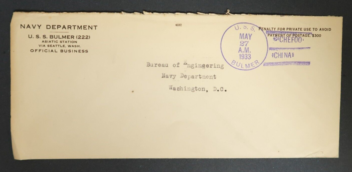 1933 Navy Department USS Bulmer 222 Asiatic Station Engineering Vintage Envelope