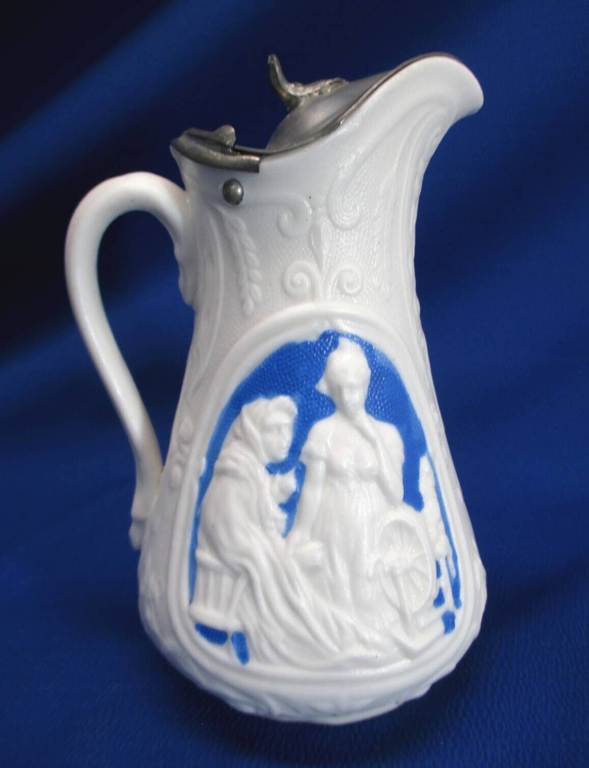 ANTIQUE STAFFORDSHIRE PARIAN SYRUP PITCHER YOUNG WOMAN BEING TAUGHT TO SPIN