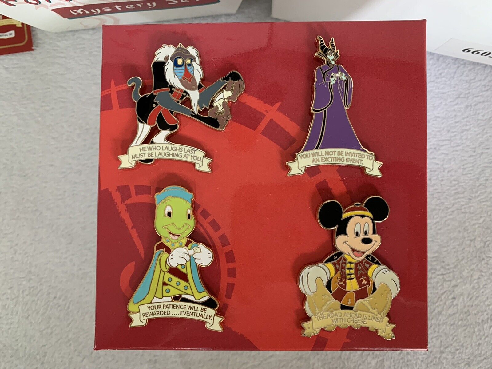 RARE Disney Fortune Cookie Mystery Box 4 Pin LE Jiminy Maleficent Mickey Raf NIB