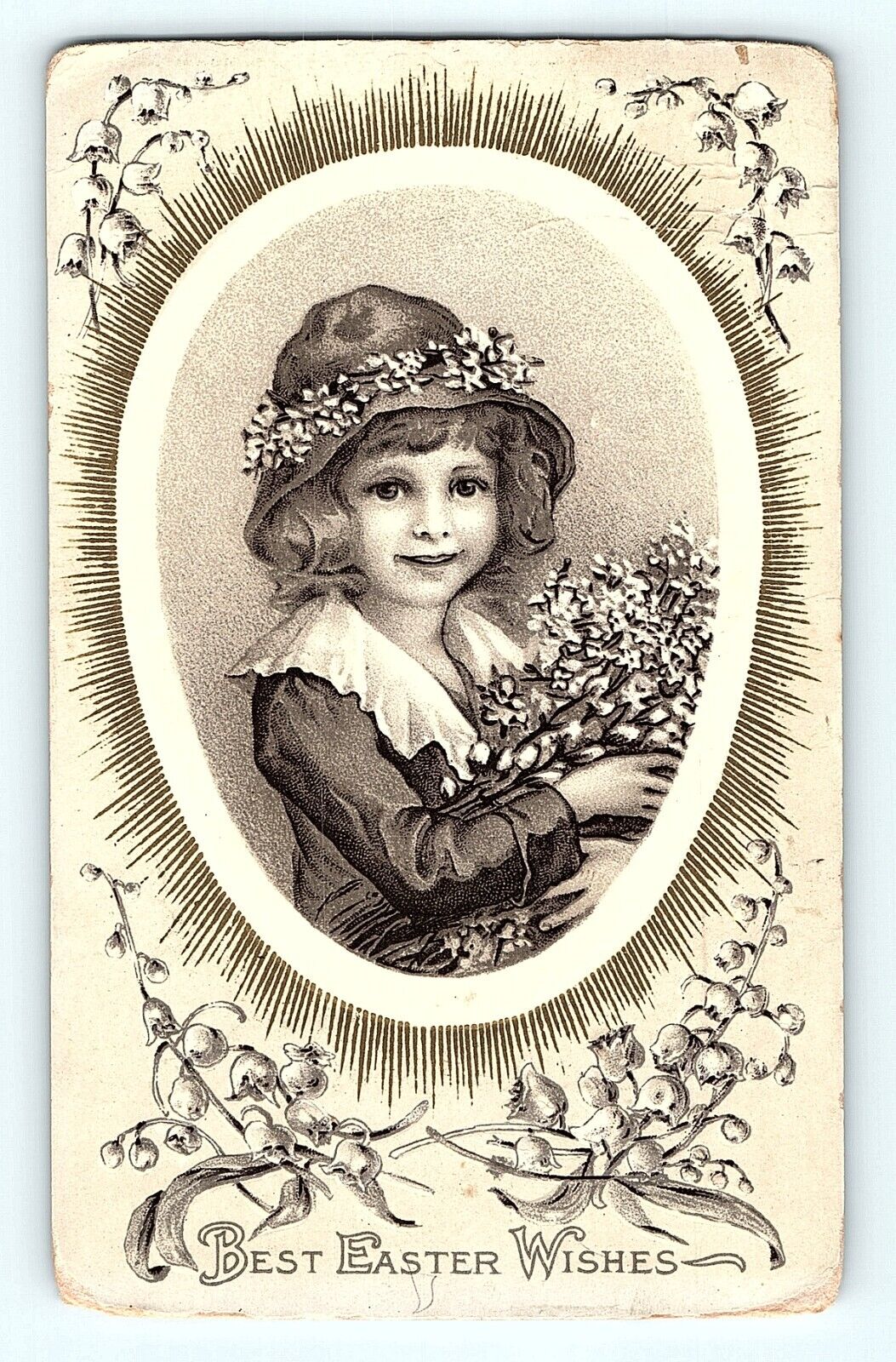 Victorian Girl Egg Black & White Flowers Embossed Best Easter Wishes Postcard E4