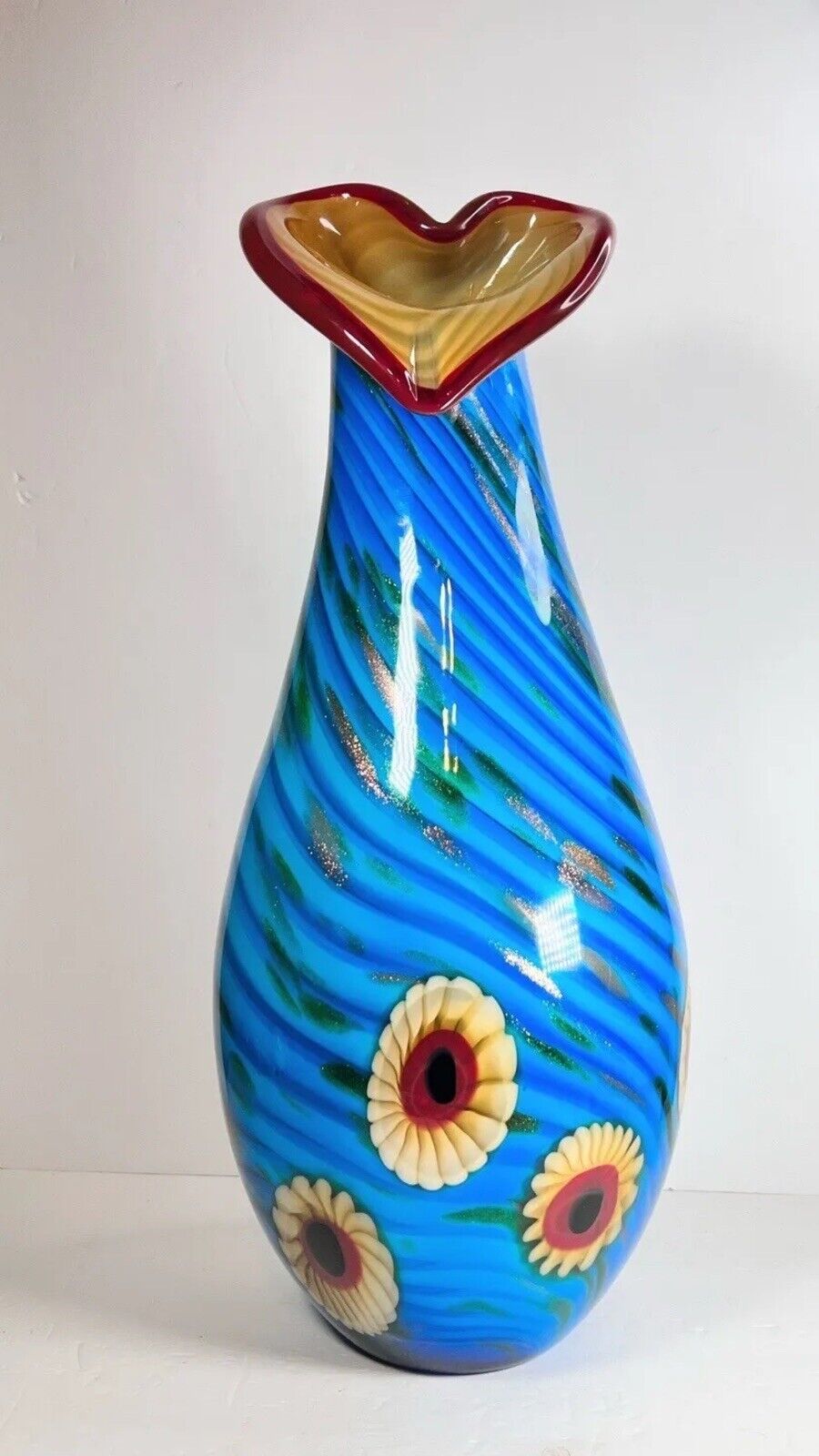 Murano Glass Vase Hand-blown Art Millefiori Calla Lilli With Gold Flecks L Signe