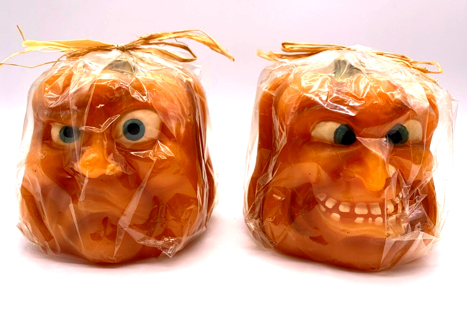 Vintage Halloween Anthropomorphic Creepy Pumpkin Face Candles Set Of 2 NEW