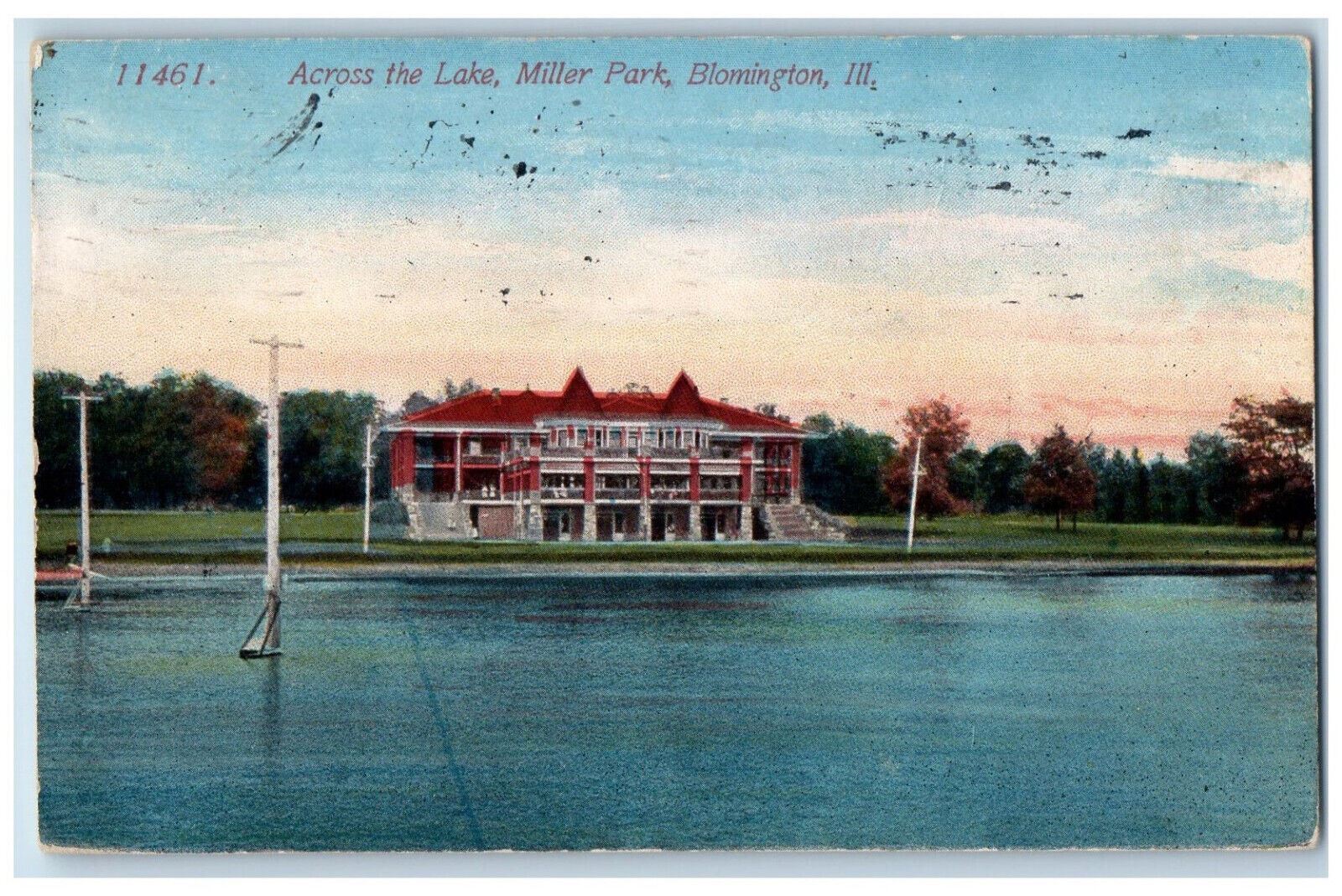 1913 Across The Lake Miller Park Bloomington Illinois IL Vintage Postcard